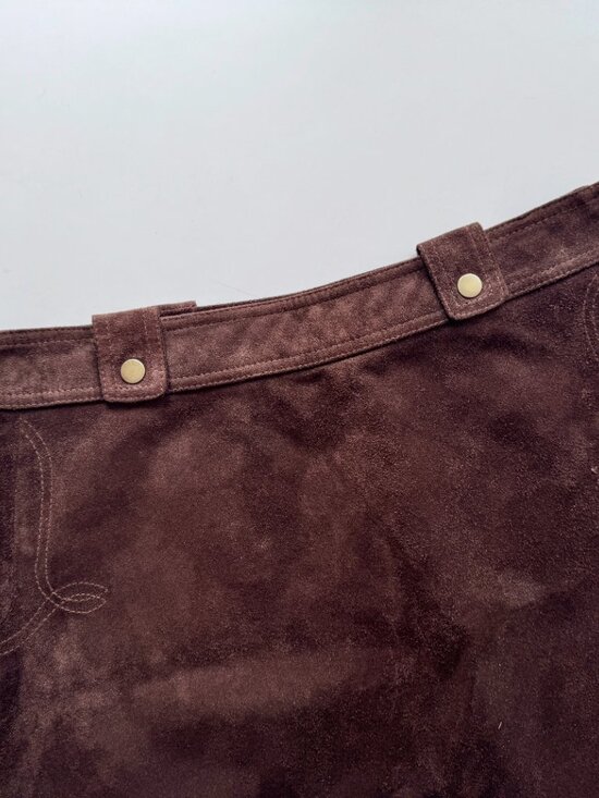Vintage 00's DANIER Brown 100% Leather Suede Western A-Line Mini Skirt, Size 6 - Picture 2 of 15